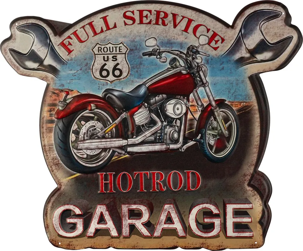Grande Enseigne Métal Route 66 Vintage avec Moto Rouge et Proverbes
