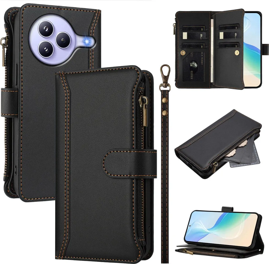 Custodia Elegante Xiaomi Civi 5 Pro: Pelle Sintetica e Zip Nera