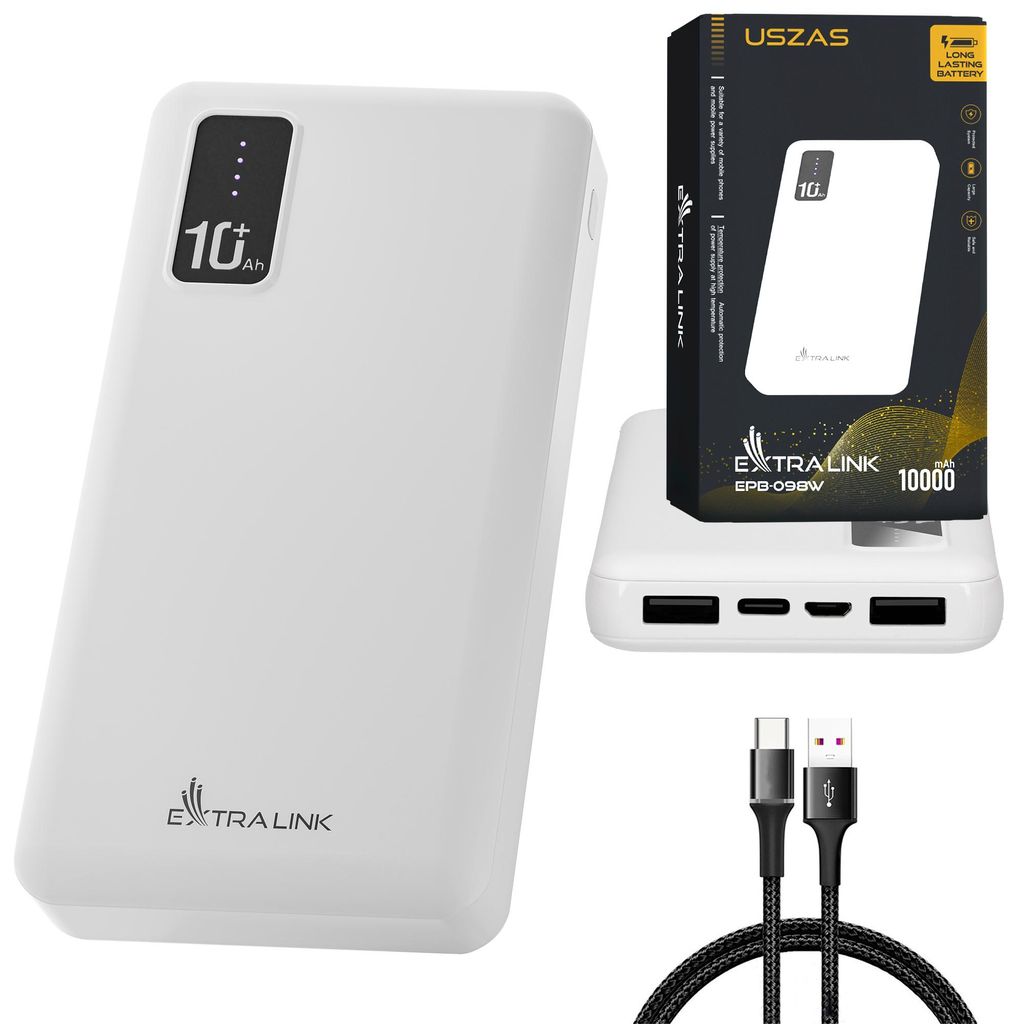 Extralink 10000 mAh Biela Powerbanka, 2× USB, kompaktná, 5 Obrázok produktu 
