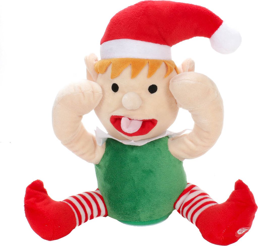 Lustige Weihnachtsfigur mit Bewegung und Ton, spielt auf Knopfdruck Jingle Bells, Weihnachtself mit rausgestreckter Wackelzunge, während die Händ...