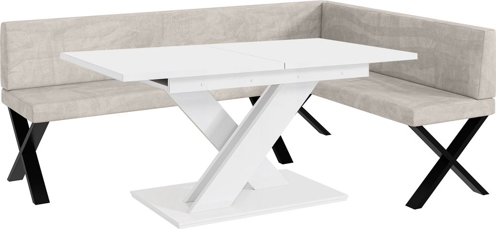 MEBLINI Eckbank für Esszimmer mit ausziehbarem Tisch - Küchenbank - Essecke - Sitzecke Küche - TONI - X-Beine 142x196x87cm Rechts - Beige Samt/B...