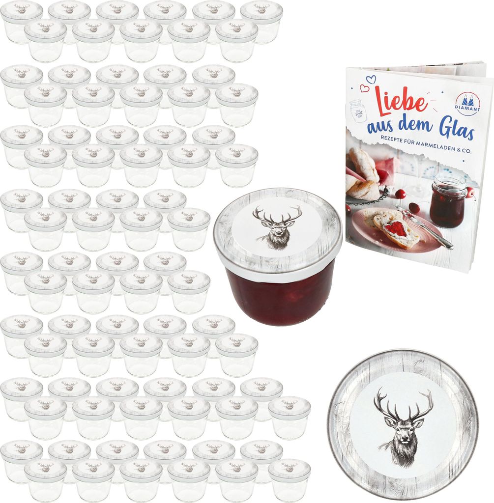A collection of small glass jars with lids, a recipe book, and a decorative plate, all featuring a deer motif.