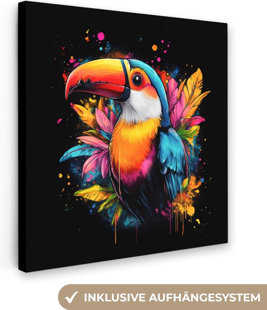 MuchoWow - Leinwandbilder - Graffiti - Vogel - Tukan - Blätter, Wandbild, Wanddeko Bilder Wohnzimmer, 90x90 cm