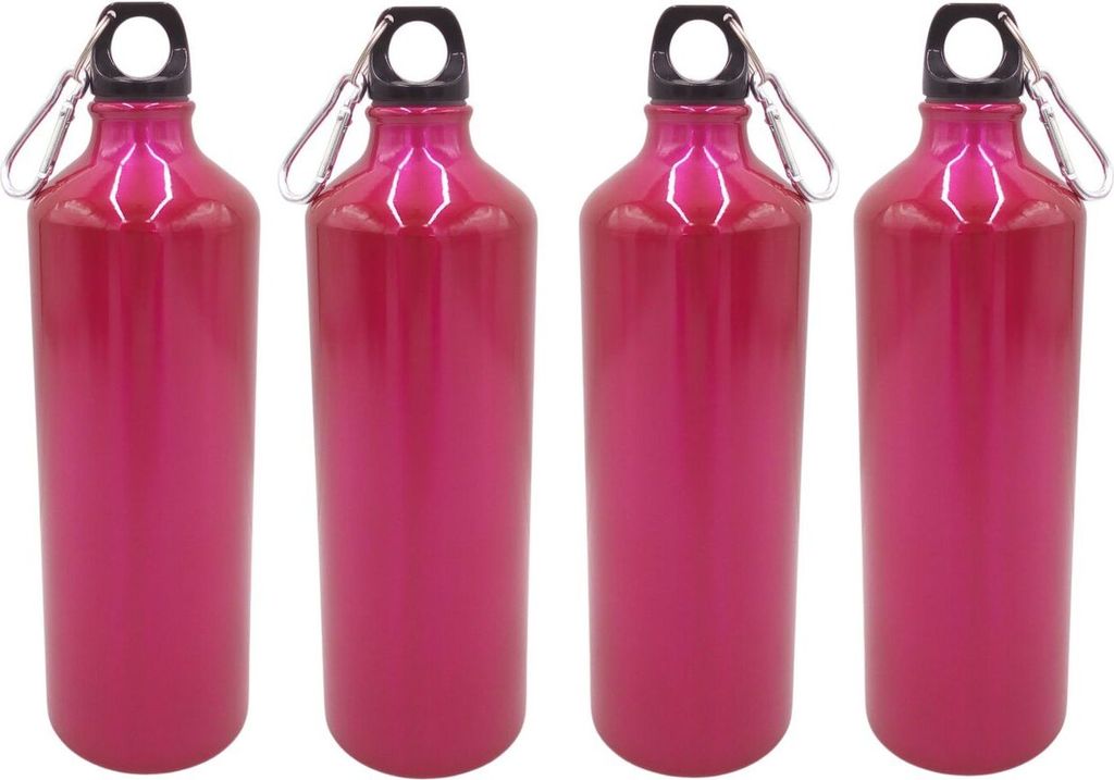 4x Aluminium Trinkflasche 1 Liter pink mit Karabiner Wasserflasche Sportflasche
