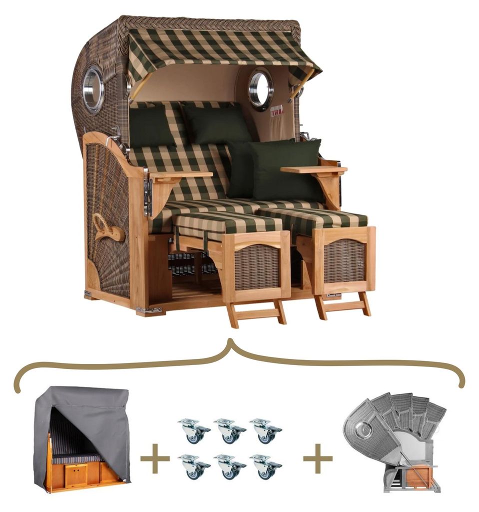 Strandkorb Düne Teak Komplett-Set PE-Geflecht Grey Volllieger inkl. Lifter & Rollen 2-Sitzer