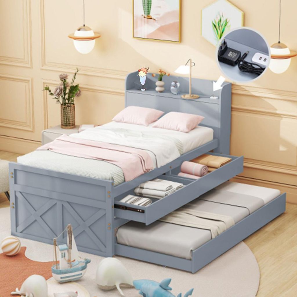 Kinderbett, Einzelbett,Multifunktionales mit ausziehbarer Schublade Lattenrost, Nachttisch mit Ablagen mit USB-Buchs 90x190