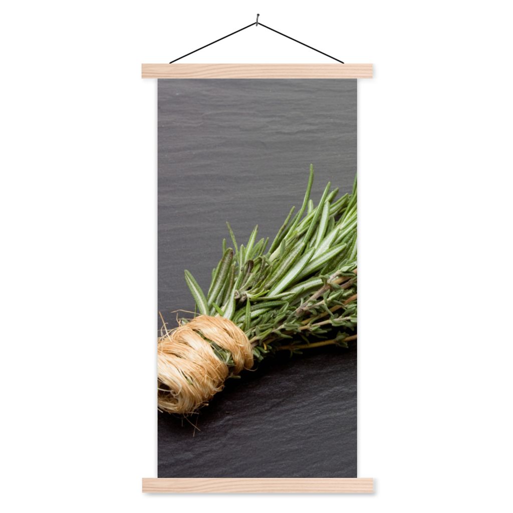 MuchoWow Textilposter Thymian - Kräuter - Grün - Tisch - Küche - Stein 60x120 cm mit holzfarbenen Rahmen - Holz