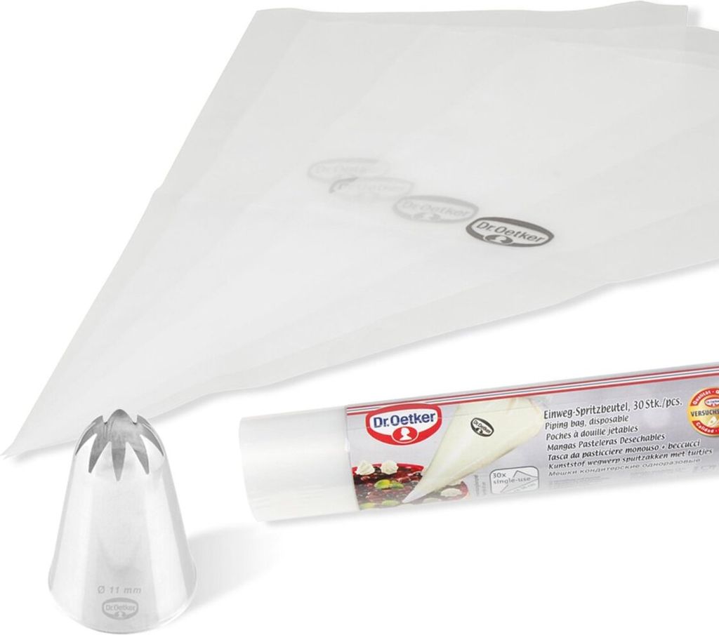 Dr. Oetker Spritzbeutel Set, Einweg Spritzbeutel mit Tülle GRATIS, geschlossene Sterntülle für edles Dekorieren und Verzieren, Menge: 1 x 2er Se...