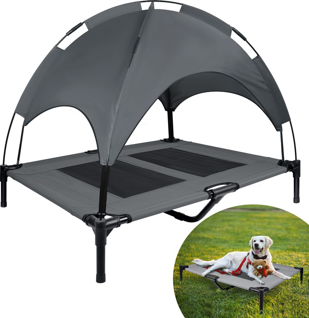 UISEBRT Hundebett mit Dach Sonnenschutz L 92x76x92cm Haustierbett mit Baldachin Hundeliege Outdoor Erhöhtes Hundebett mit Rutschfesten Fußpolster...