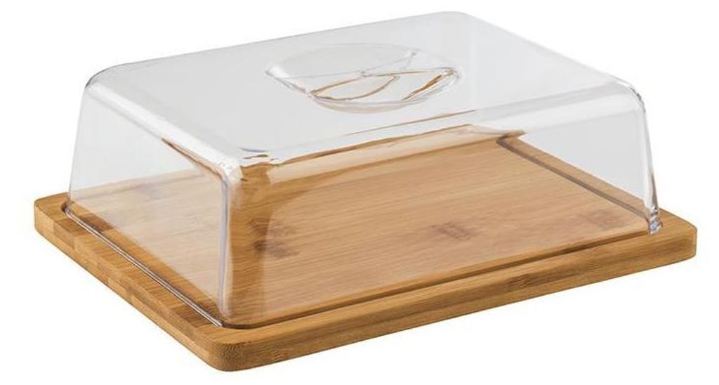 A rectangular bamboo tray with a clear plastic dome lid.