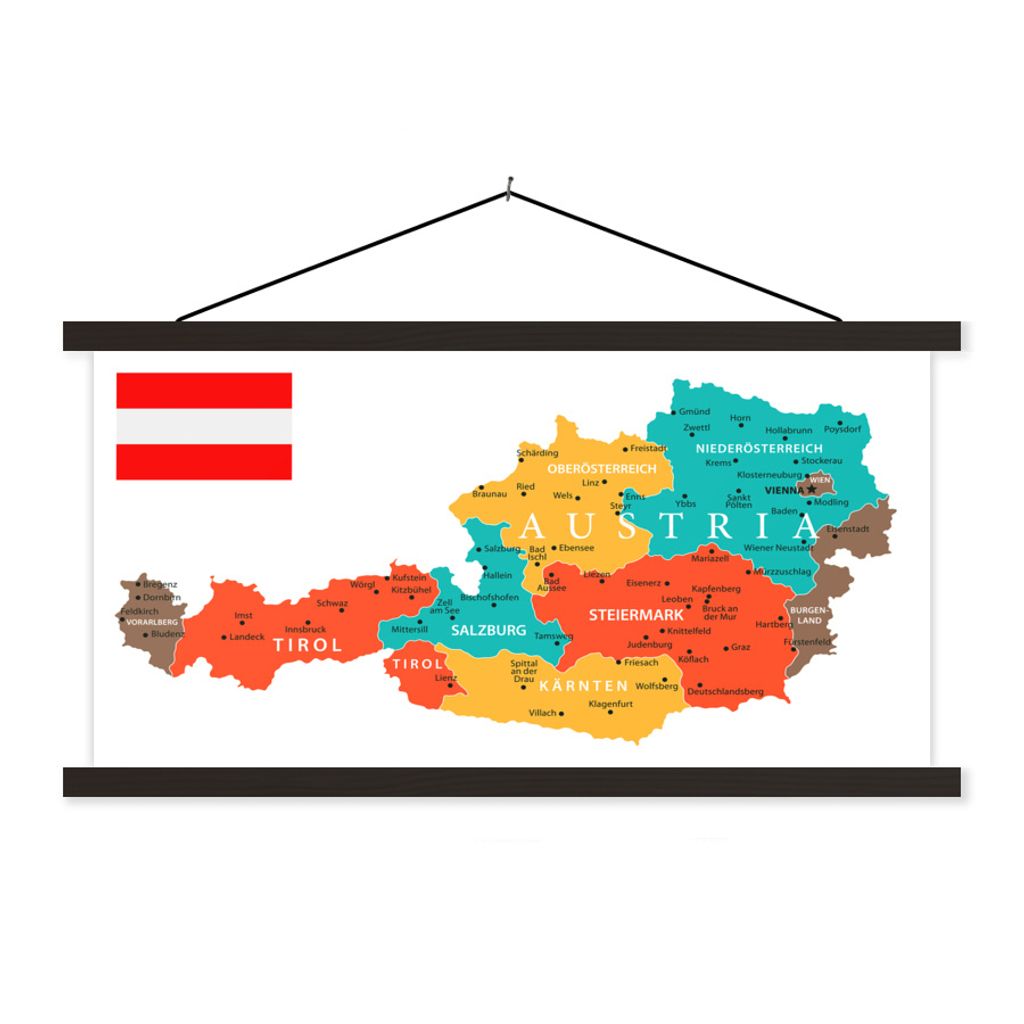 MuchoWow Textilposter Bunte Karte von Österreich 120x60 cm mit schwarzem Rahmen - Dekoration Schlafzimmer