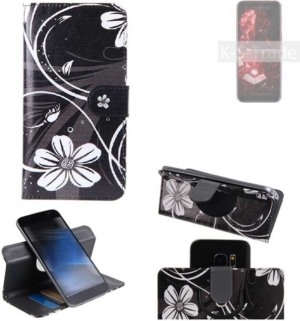 K-S-Trade Schutzhülle Handyhülle kompatibel mit nubia Red Magic 3S Hülle 360° Wallet Case ''Flowers'' Klapphülle Hülle schwarz-weiß 1x