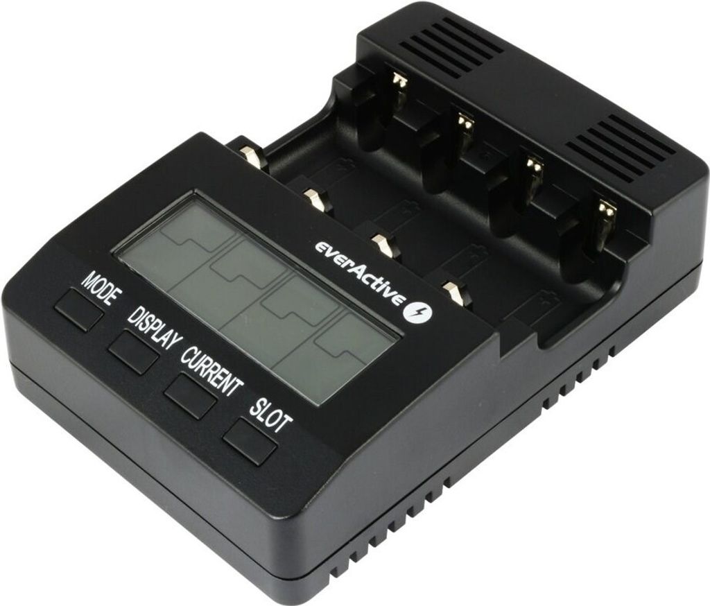 A black battery charger with a digital display and multiple battery slots.