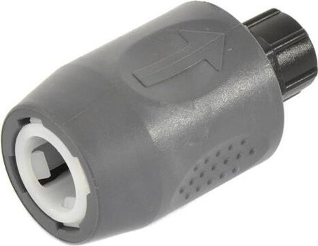 A close-up studio shot of a single gray hose connector with a black threaded end and a white internal fitting.