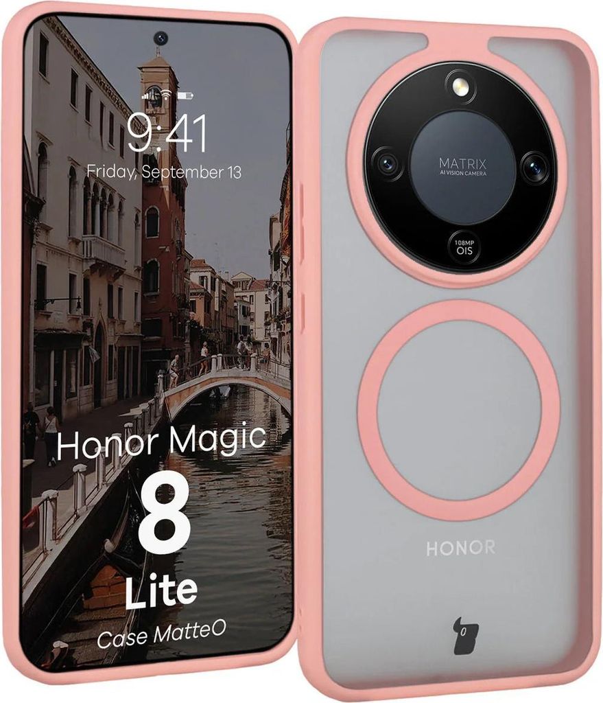 Handyhülle mit Magnetring für Honor Magic8 Lite, Bizon Case MatteO, Getönt-Hellrosa