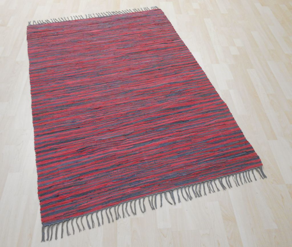 Teppich Fleckerl Fleckerlteppich Handwebteppich UNI Baumwolle Handweb Waschbar Farbe: Anthrazit / Rot gestreift Größe: ca. 70x250 cm