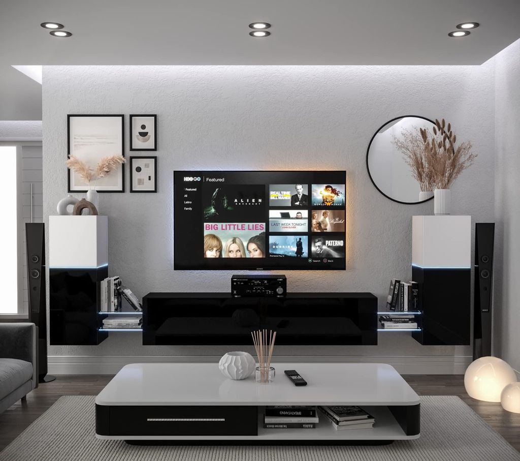 Furnitech Wohnwand Wohnzimmer - Wohnzimmer Möbel mit LED Weiß - Hängend Wohnwand Modern - Regale und TV Schrank (AN104-21WB-HG4- 1B)