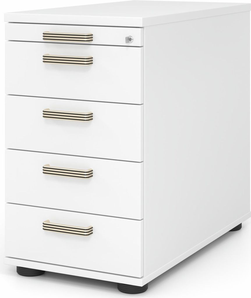 Standcontainer Eldar | Weiß | HxBxT 76x42,8x80cm | Streifengriff | 5 Schübe | Mit Schloss & Zentralverriegelung