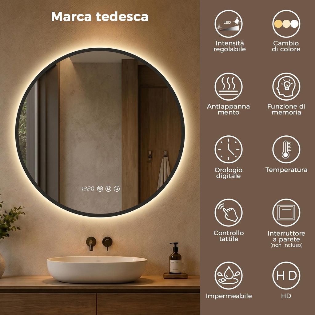 S'AFIELINA Specchio da bagno LED Rotondo 70cm, touch, Immagine del prodotto 