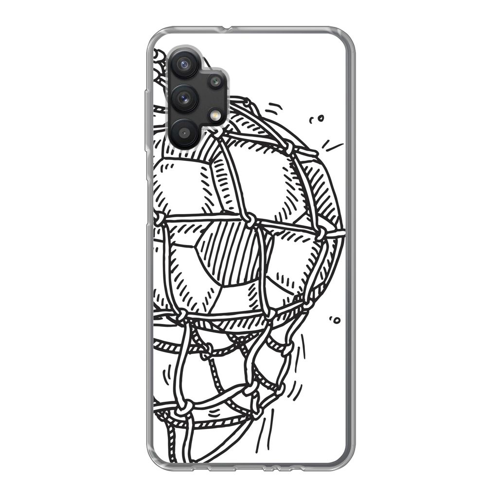 MuchoWow Handyhülle Schutzhülle Hülle für Samsung Galaxy A32 5G Eine Illustration eines Fußballschusses ins Tor - Jungen - Mädchen - Kinder...