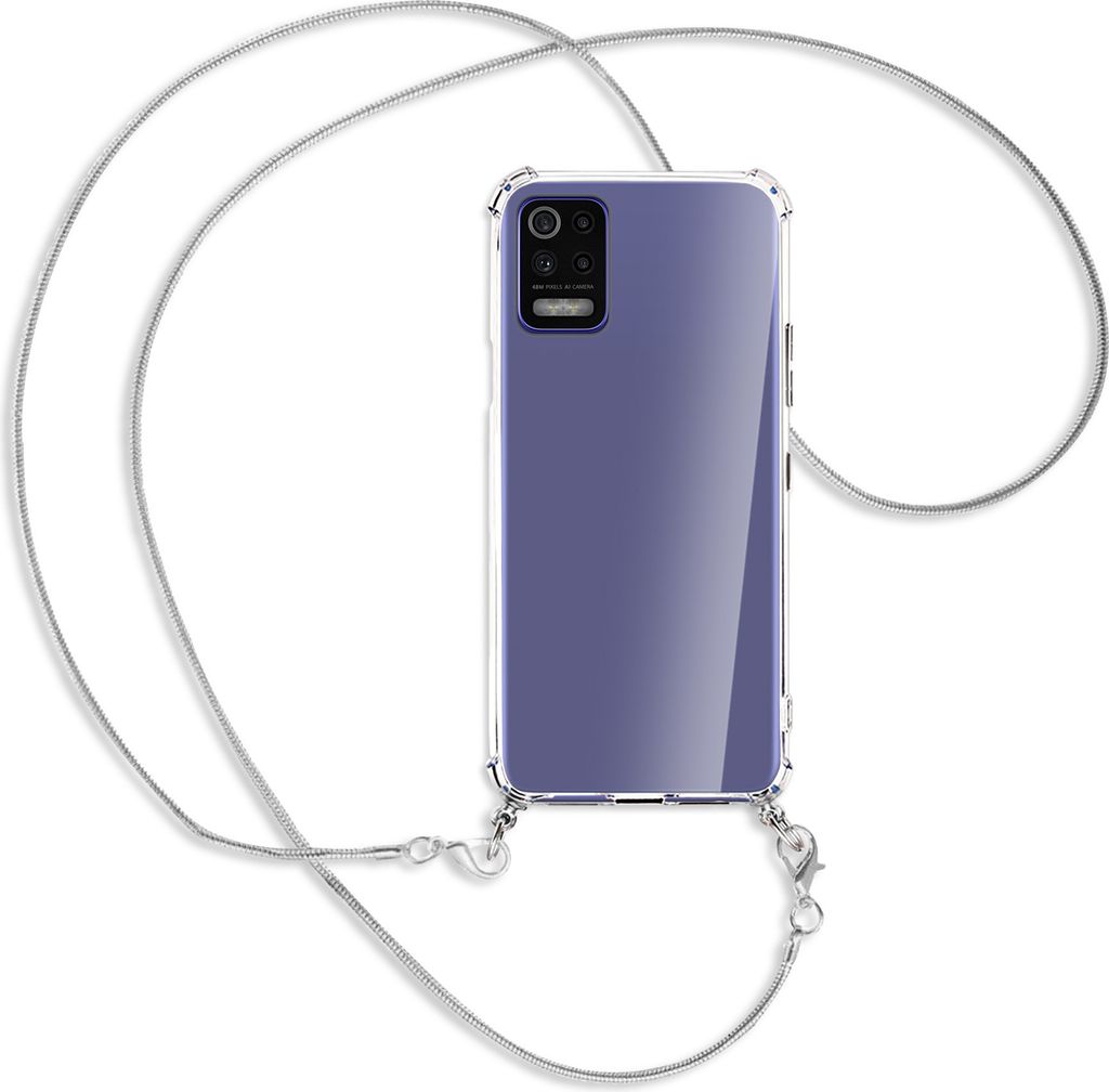 Handykette Backcover-Schutzhülle mit Band (Metall silberfarben) für LG K52 / K62 / Q52 - silberfarbene Kette Snake