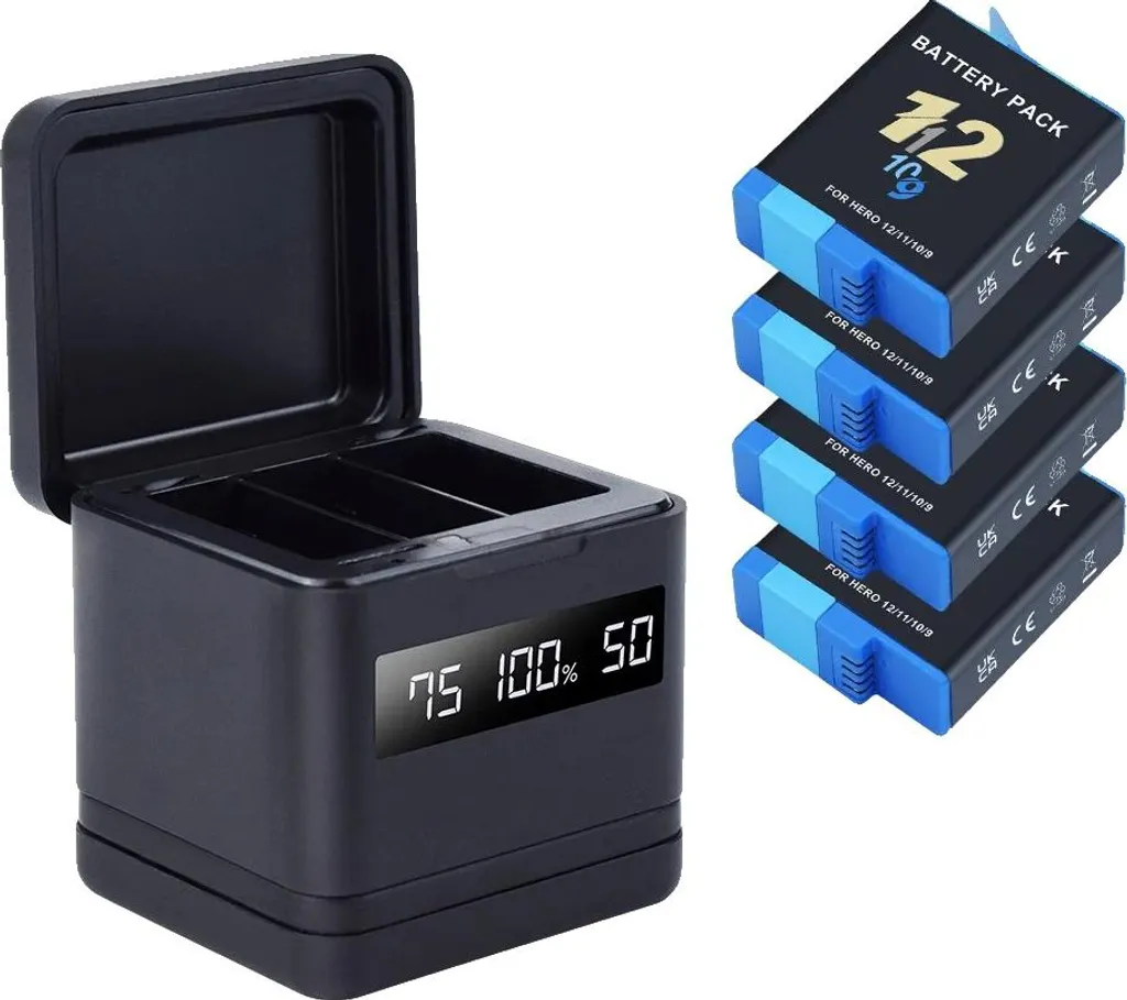 Kit 4 Batterie Fotocamera con Caricabatterie LCD e Custodia da Viaggio