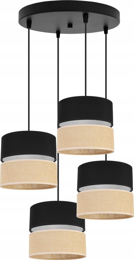 Light-Home Juta Hängelampe - Metall mit Lampenschirm aus Stoff - E27 - OV 4-Flammig 20 cm - Schwarz Basis und Jute und Schwarz