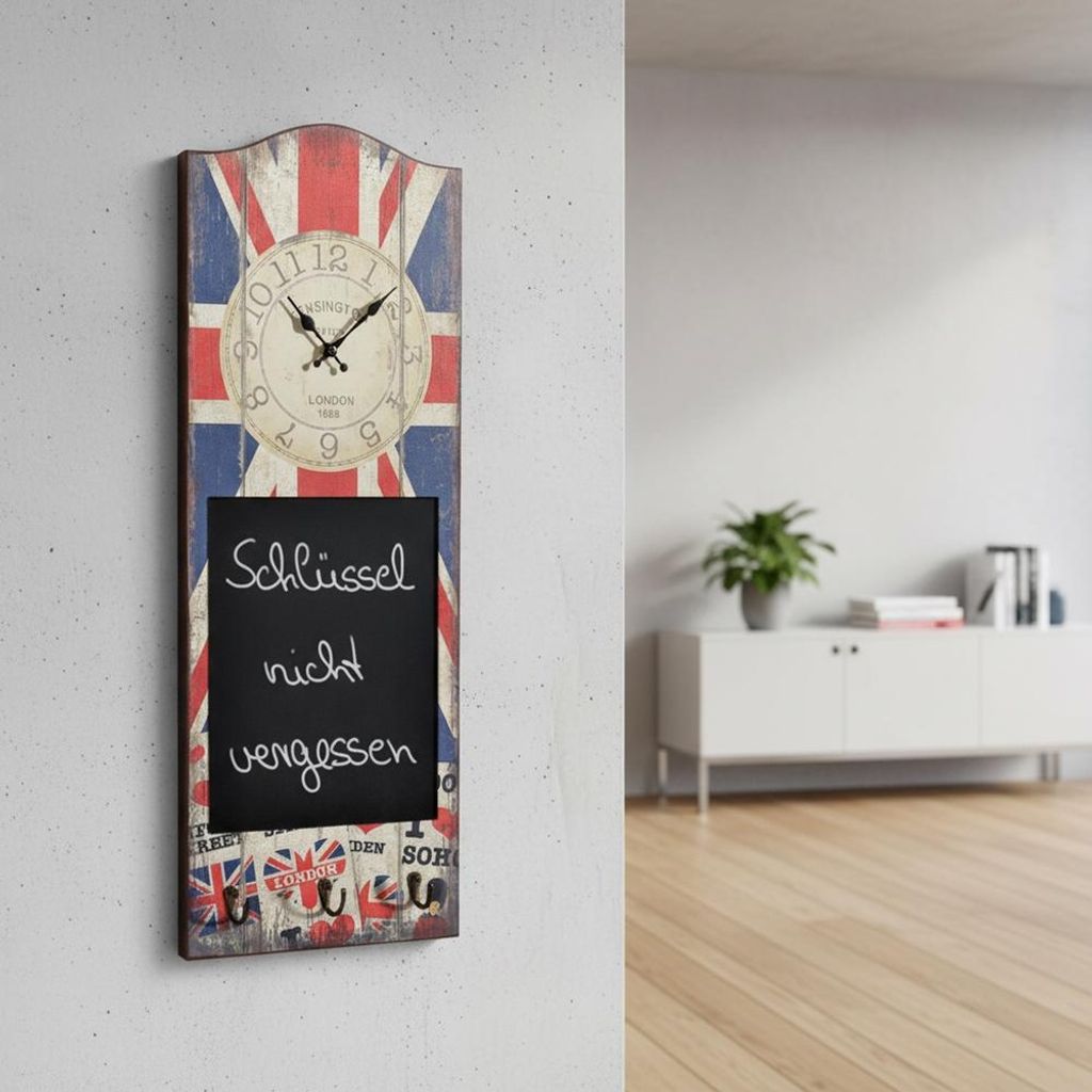 Melko Wanduhr 30x80CM Tafel 3 Kleiderhaken Analog Schreibtafel Board - England