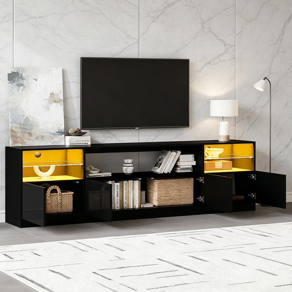 okwish Hochglanz TV-Schrank mit LED und Stauräume, Lowboard mit vier Scharniertüren, offener Stauraum,für Fernseher bis zu 75 Zoll,Schwarz