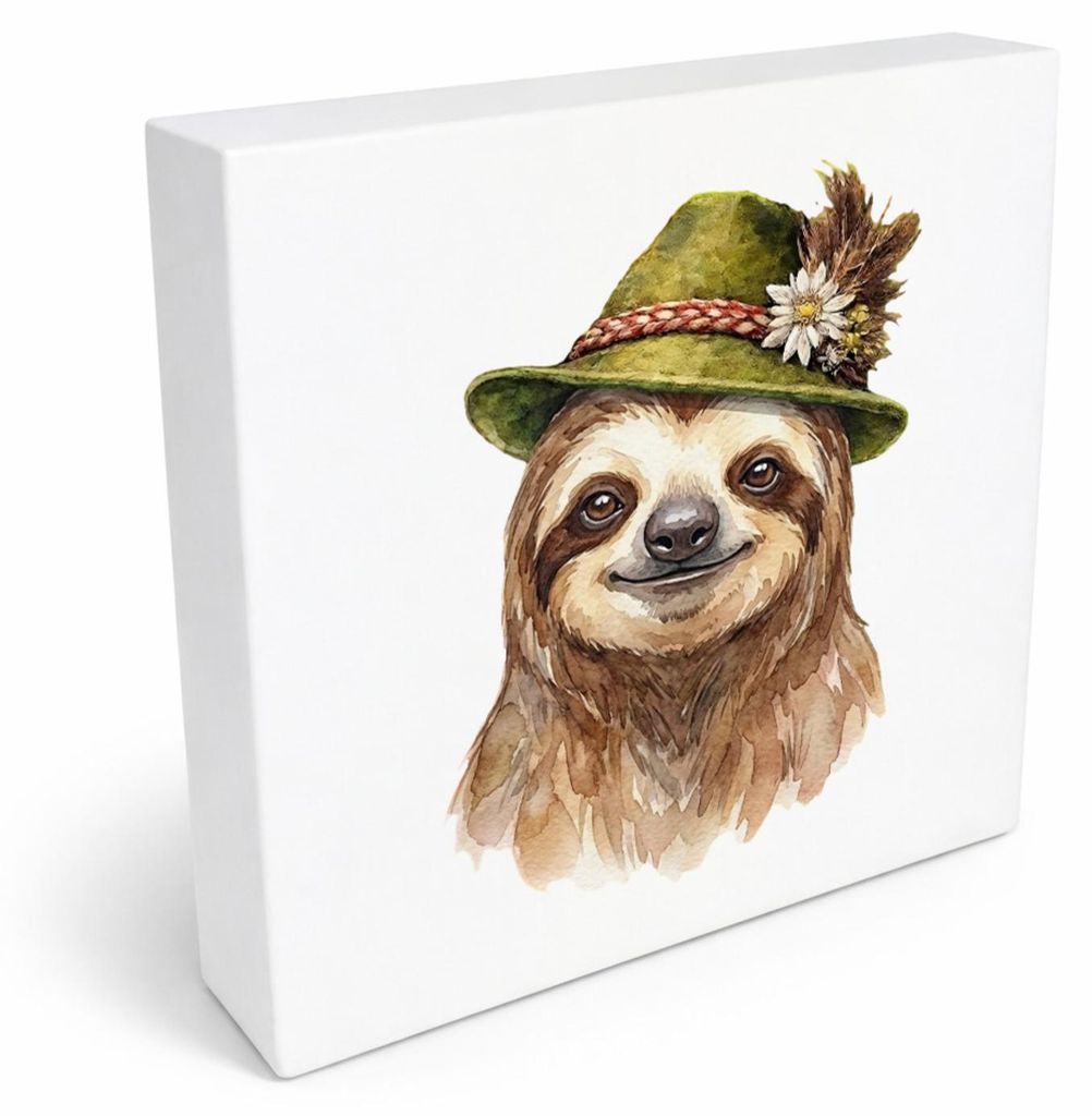 Trachtenhut Trend-Tiere Faultier Holzbild in 20x20 cm zum Stellen oder