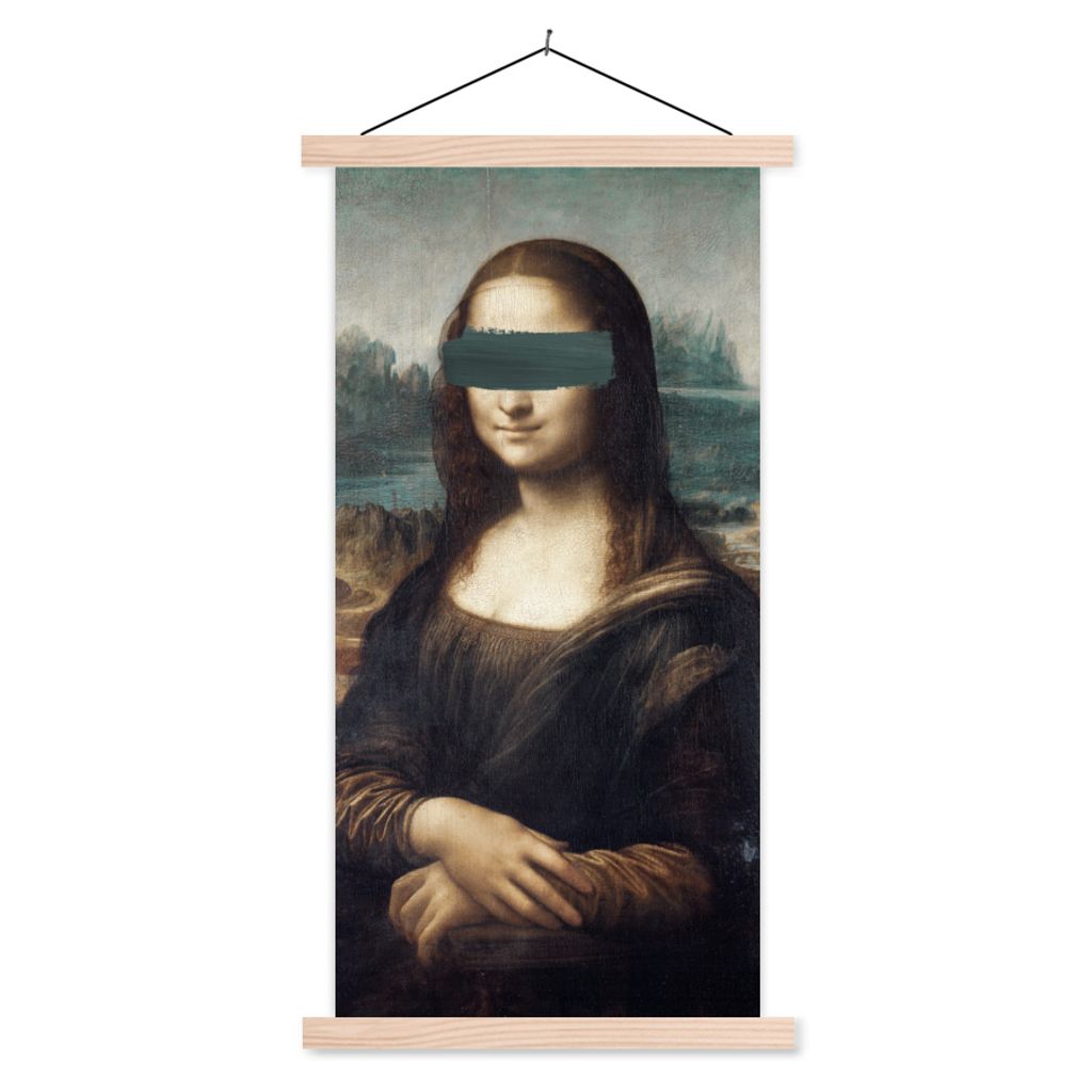 MuchoWow Textilposter Mona Lisa - Leonardo da Vinci - Blau 40x80 cm mit holzfarbenen Rahmen - Wohnzimmer