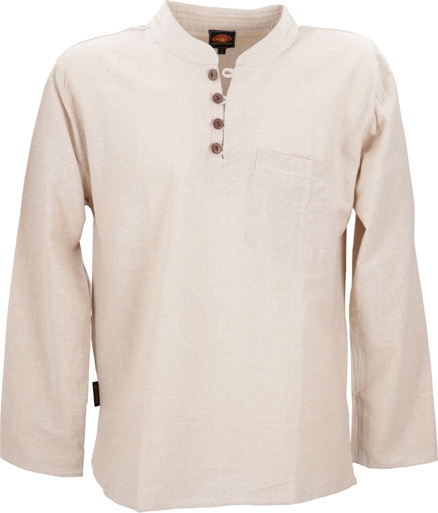 Nepal Ethno Yogahemd mit Kokosknöpfen, Kurta-Hemd, Freizeithemd mit Stehkragen - Creme, Herren, Creme-weiß, Baumwolle, Größe: 3XL