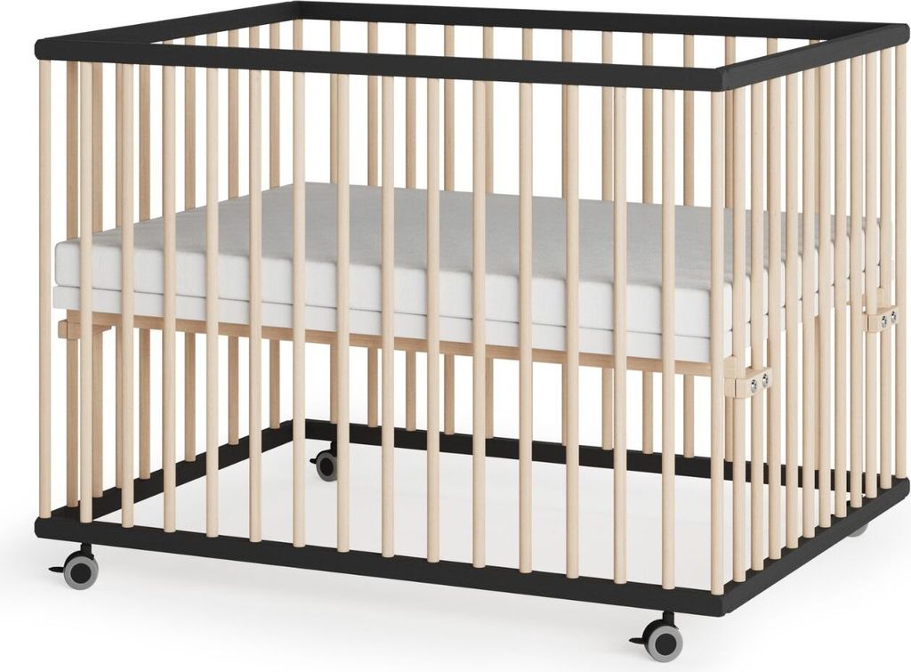 Laufgitter 75x100 cm mit Matratze SleepPlus & Schlupfsprossen - schwarz/natur