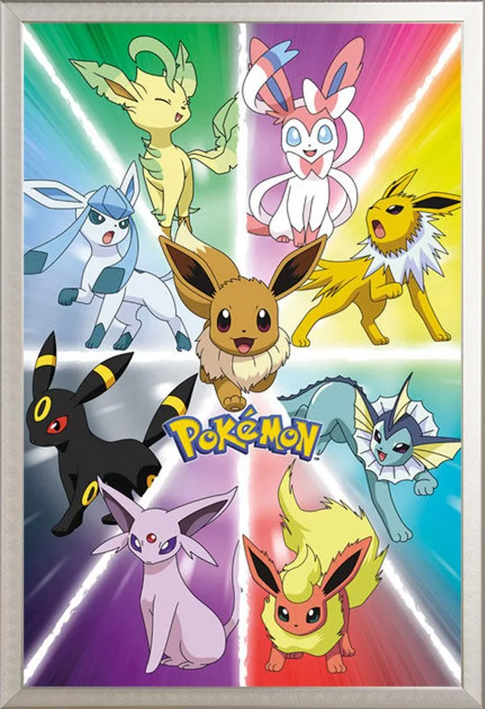 Pokemon - Pokémon - Poster - Eevee Evolution + cornice rimovibile, Shinsuke® Maxi alluminio argento, vetro acrilico