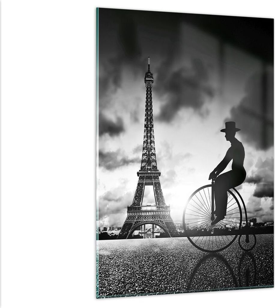Bilder auf glas - Einteilig - Paris Gentleman Fahrrad - 80x120cm - Glasbilder - Wandbilder - Bilder - zum Aufhängen bereit - Wanddekoration aus Gl...