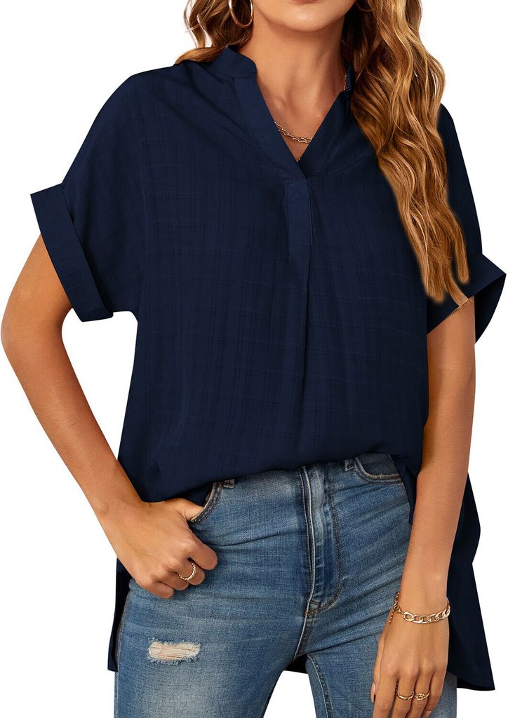 ASKSA Deman Bluse Plaid Kurzarm T-Shirt Sommer Locker Hemden V-Ausschnitt Shirts Lässig Tunika , Dunkelblau, L