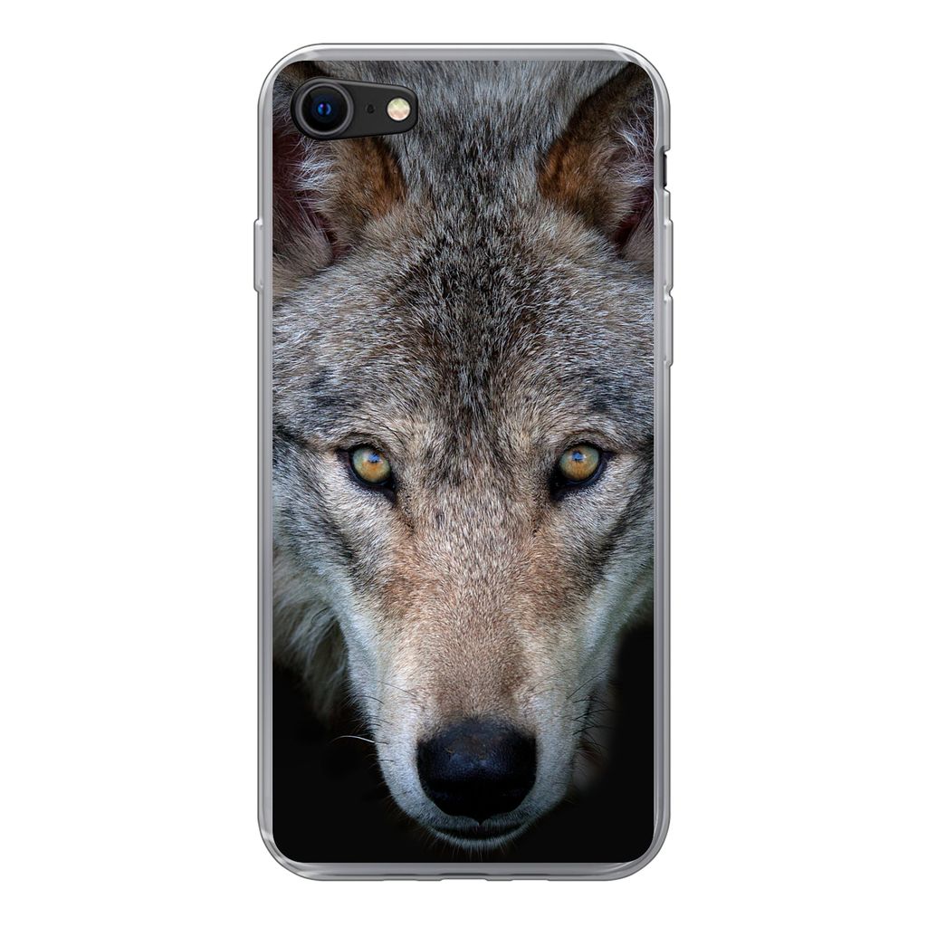 MuchoWow Handyhülle Schutzhülle Hülle für iPhone SE 2022 Wolf - Porträt - Schwarz Silikon Softcase Handy Hülle - Schutzhülle