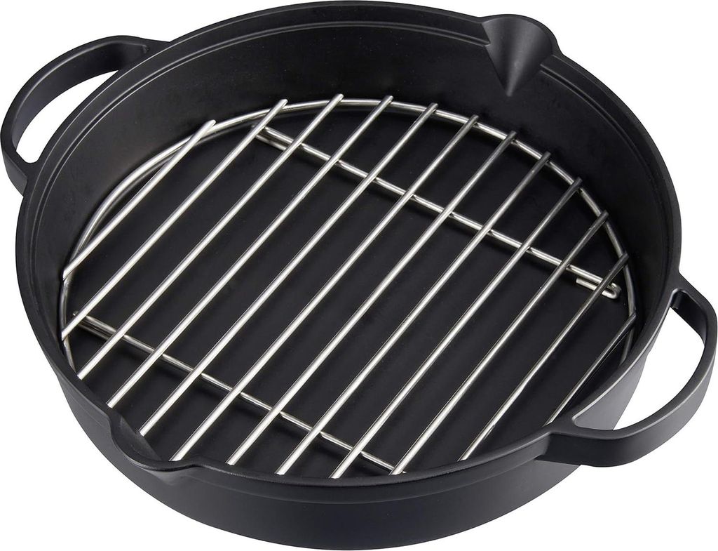 Große runde Grillpfanne aus Gusseisen mit Edelstahlrost - Ø 31,6 cm