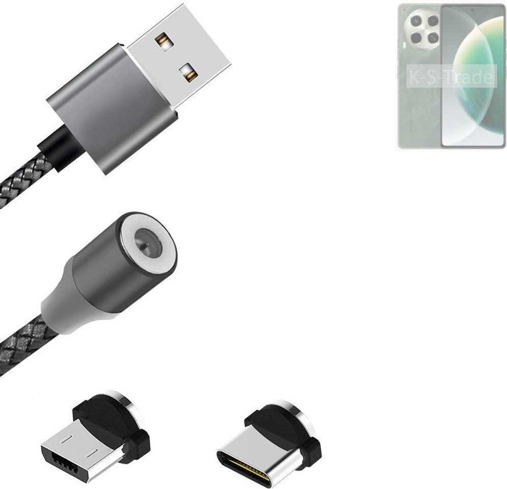 K-S-Trade Hochwertiges Magnet-Lade-kabel Sync-Kabel Daten-Kabel für Tecno Camon 30 4G mit USB-Typ-C-Anschluss und Micro-USB-Anschluss 2A bis zu