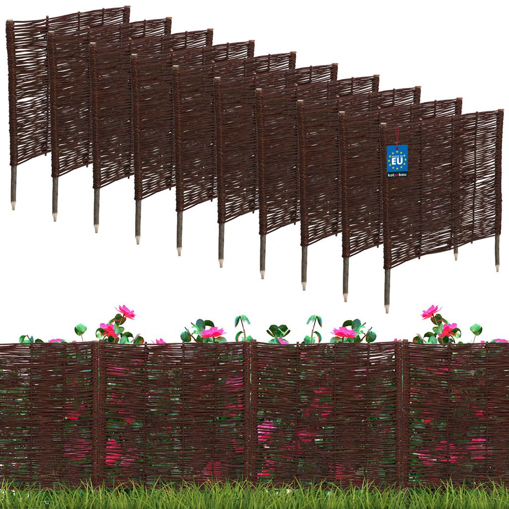 A set of brown woven willow garden borders with pink flowers and green leaves in the foreground, and a white background.