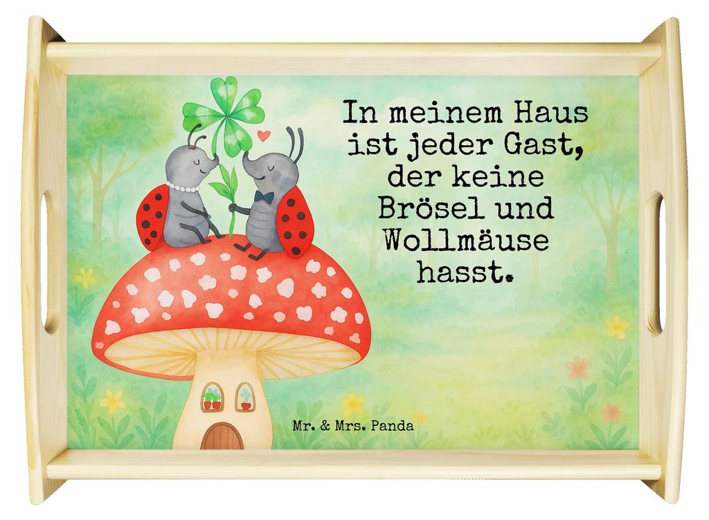 Mr. & Mrs. Panda Tablett Marienkäfer Fliegenpilz Design - Weiß - Geschenk, Lustige Sprüche, Serviertablett, Zuhause, aus holz, Wohnung, Haus, So...