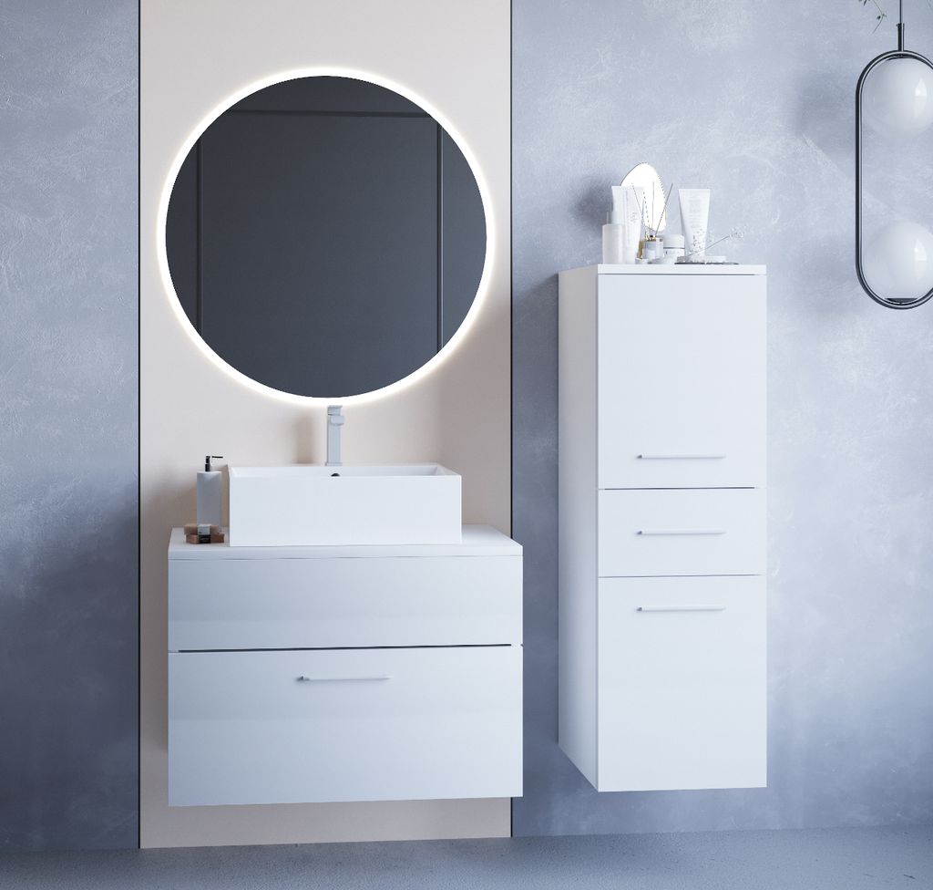 Badmöbel Badezimmer Set BUSTO LED weiss hochglanz Spiegel Waschbeckenunterschrank mit Waschbecken