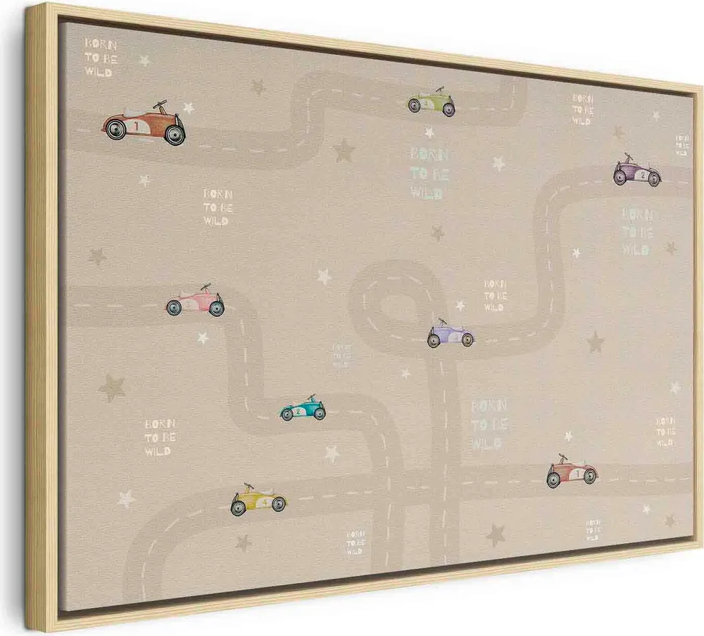 Italienischer Leinwand Leinwandbild - Race - Auto colorate su strada su sfondo beige con scritte 60x40 cm Für Kinder e-C-10067-b-a