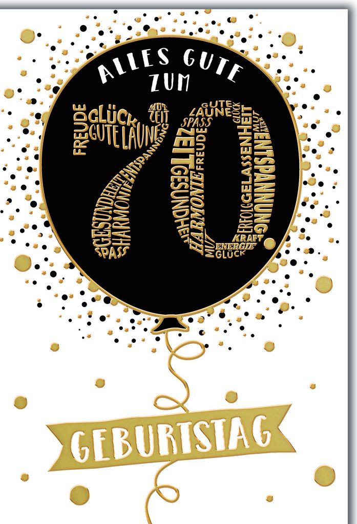 70. Geburtstag Glückwunschkarte mit Briefumschlag Luftballon in schwarz gold