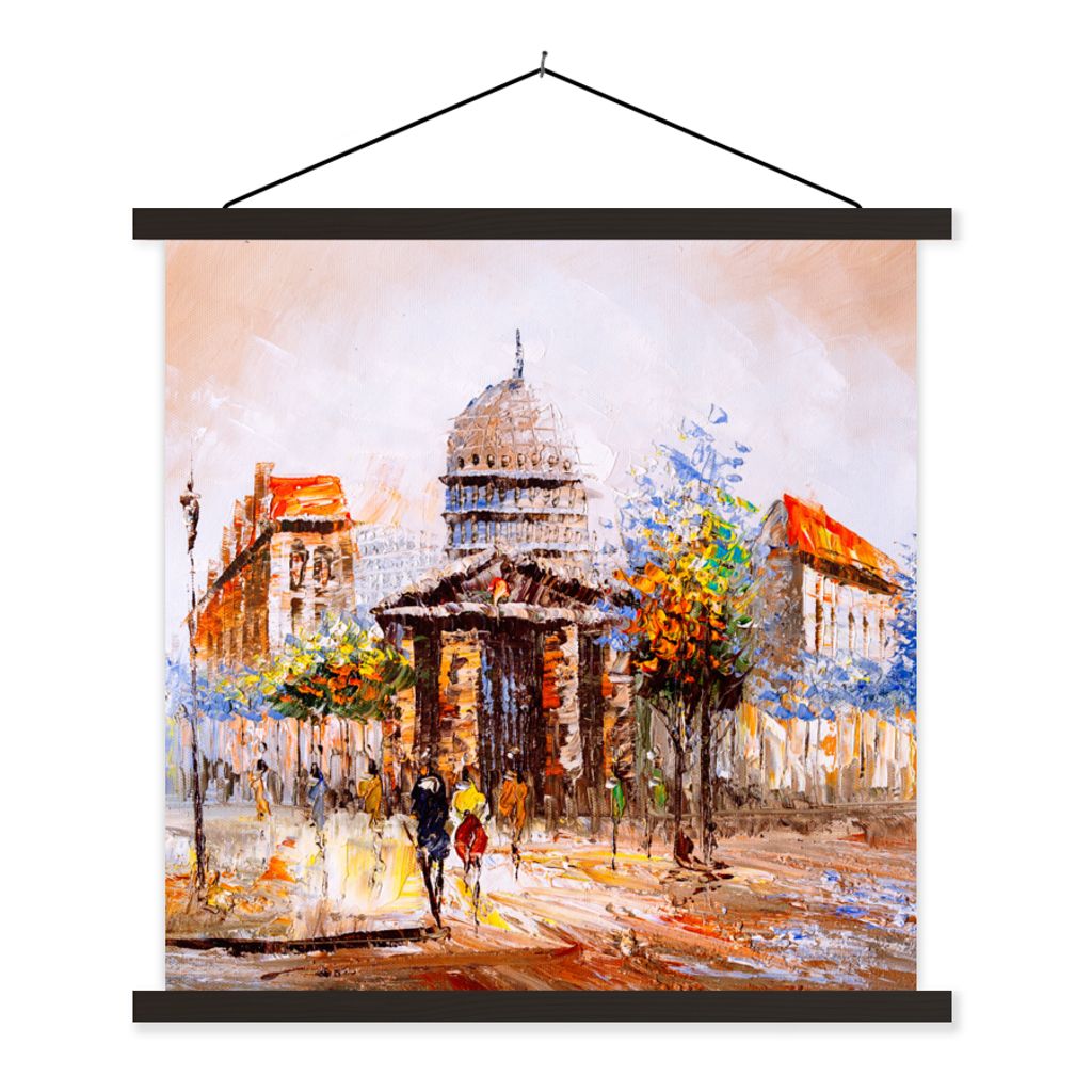 MuchoWow Textilposter Gemälde - Stadt - Öl 120x120 cm mit schwarzem Rahmen - Aufhängungsset