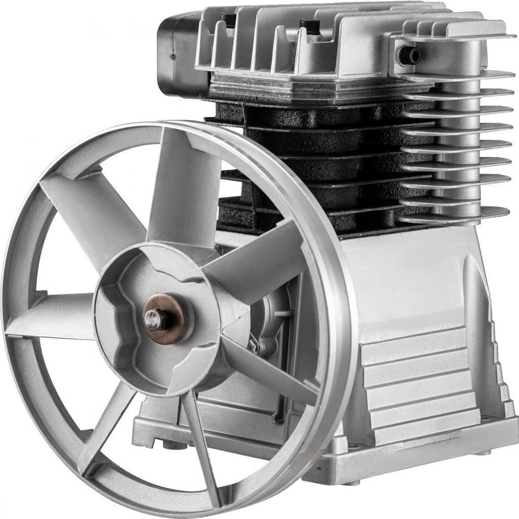 A close-up studio shot of an air compressor pump unit.