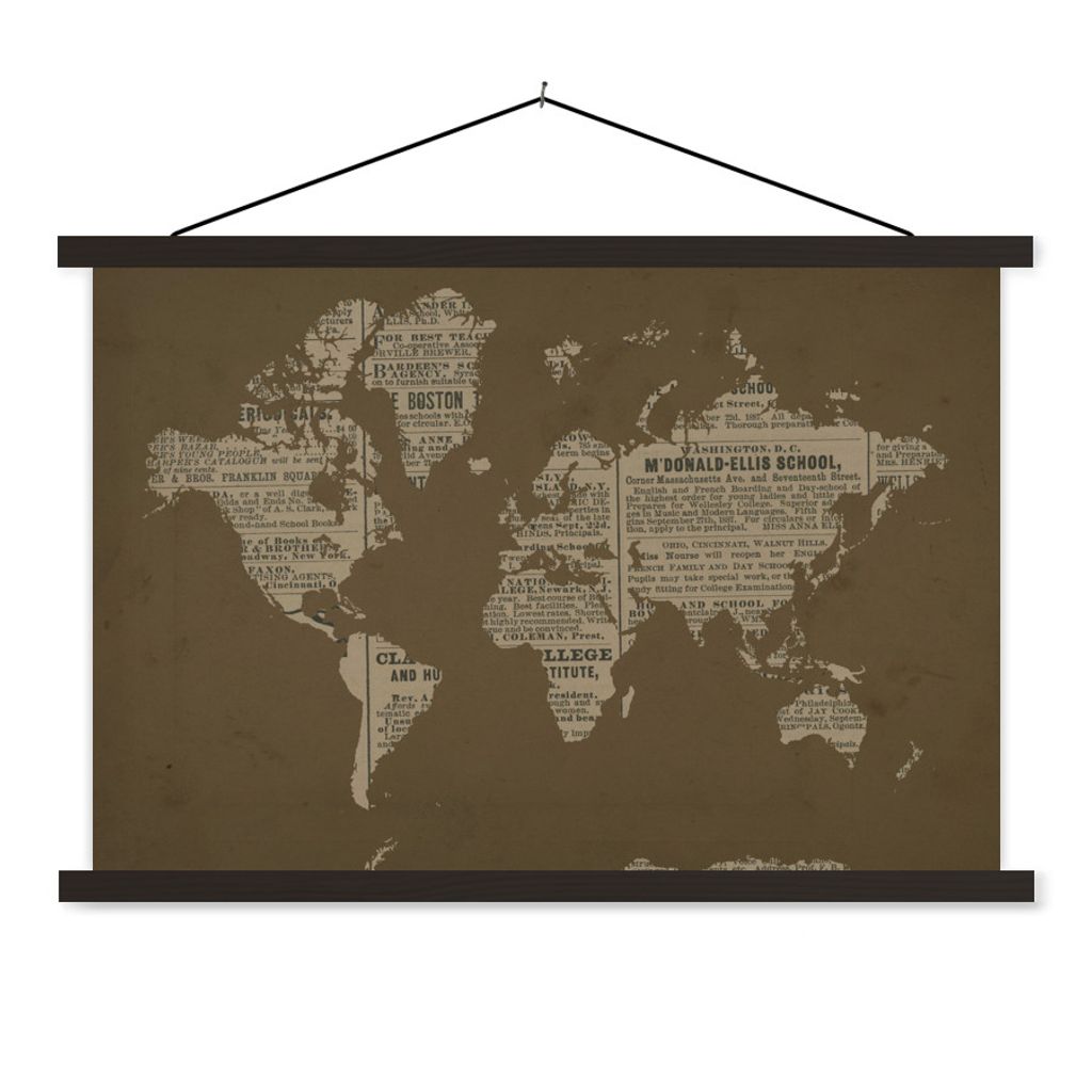 MuchoWow Textilposter Weltkarte - Retro - Zeitung 150x100 cm mit schwarzem Rahmen - Schlafzimmer