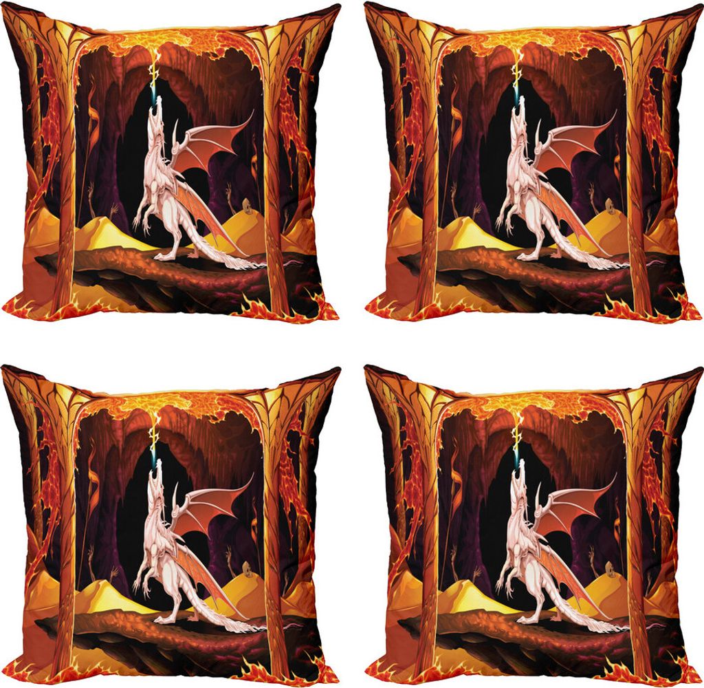 ABAKUHAUS Drachen Kissenbezug Set (4 Stück), Gefährliche Reptile in einer Höhle, Moderner Doppelseitiger Digitaldruck, 60 cm x 60 cm, Mehrfarbig