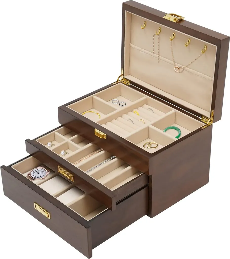 Coffret à bijoux 3 compartiments noir pour montres et bagues élégant