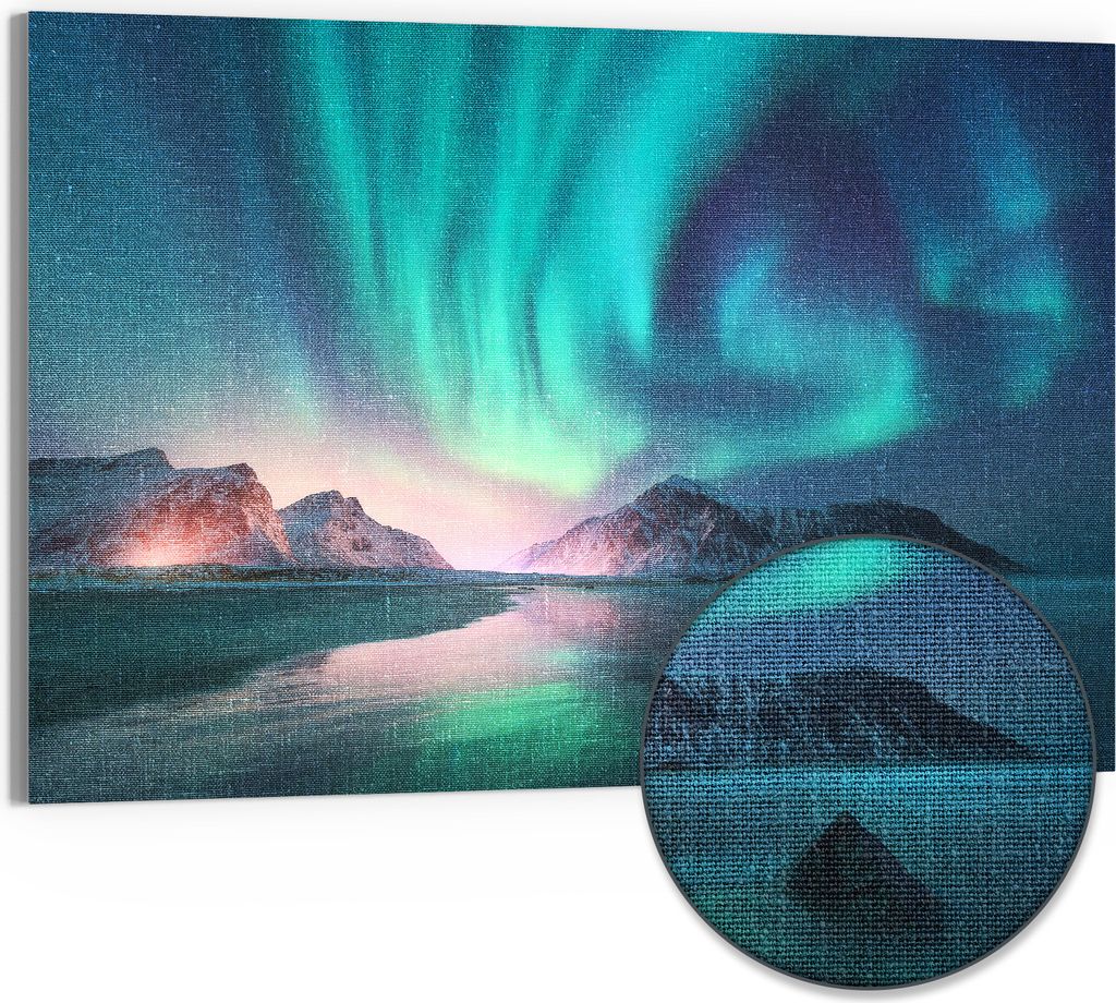DEQORI Hybrid Leinwand Bild 90x60 cm 'Das Nordlicht der Lofoten' Wandbild Glas flach modern